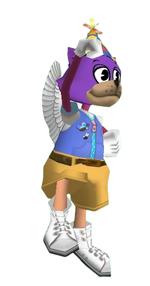 short purple, magenta, and tan cat with blue overalls, antennae and angel wings