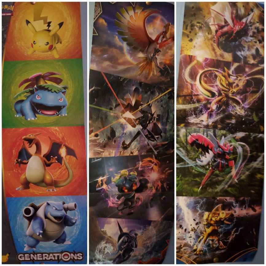 three posters; pikachu, charizard, blastoise, and venusaur; ho-oh, necrozma, marshadow, and tapu fini; mega gyarados, greninja, mega scizor, and luxray