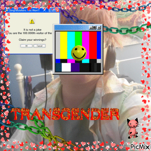 sparkly gif of an edited picture of my face that says TRANSGENDER in firey text