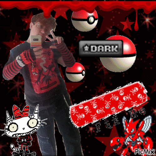 black and red Darkrai shirt with black and red arm warmers, black jeans, and a pokeball cuff