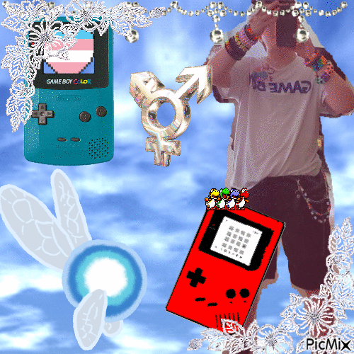 white shirt with GAMEBOY on it, black shorts, chain, multicolored bracelets going to elbows