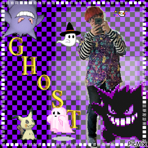 longsleeve black and white striped shirt, purple button up with ghost types, black jeans