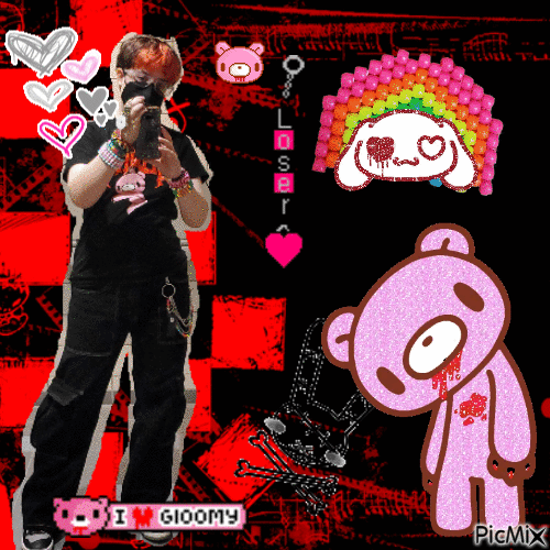 gloomy bear shirt, colorful bracelets going to elbows, large baggy black jeans