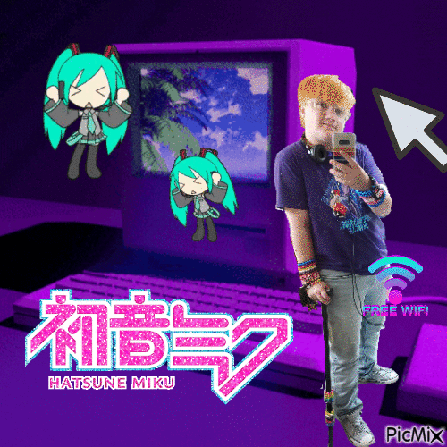 purple hatsune miku shirt with pale blue jeans and pink and blue bracelets