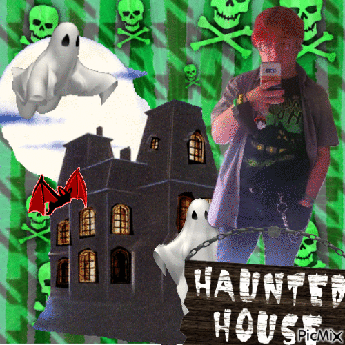 black t shirt with haunted house on it, grey overshirt, black jeans with a belt