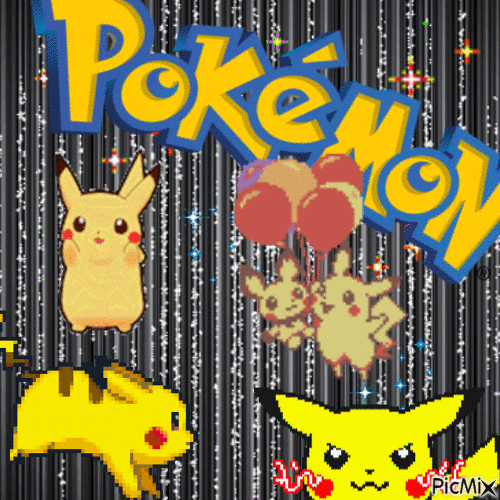 sparkly gif of four moving pikachu images; dancing, floating, running, and looking angry.