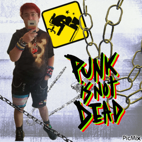 black t shirt with trans symbol bleached onto it, black shorts with chains, patches, and pins, and combat boots
