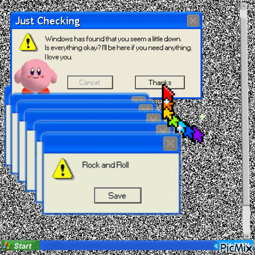 gif with a tv-static background with a popup of kirby checking up on you and a rainbow mouse cursor