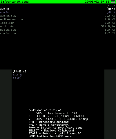 screenshot of the godmode9 file system