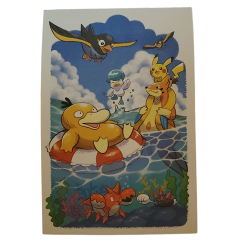 August Postcard featuring Psyduck, Quaxly, Wattrel, Pikachu, Corphish, Pyukumuku, and Floatzel