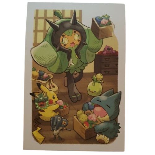 February Postcard featuring Ogrepon, Pikachu, Munchlax, Smoliv, and Nymble