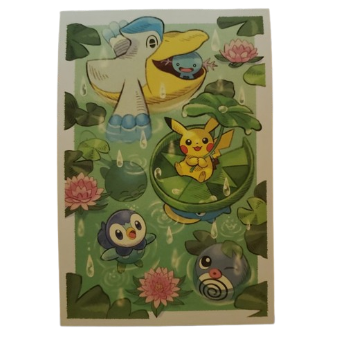 June Postcard featuring Azumarill, Togepi, Happiny, Exeggcute, Buneary, and Pikachu