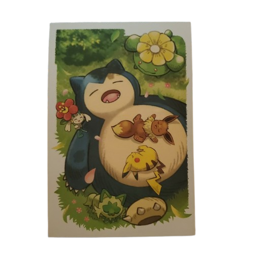 March Postcard featuring Snorlax, Pikachu, Eevee, Floette, Skiploom, and Sprigatito