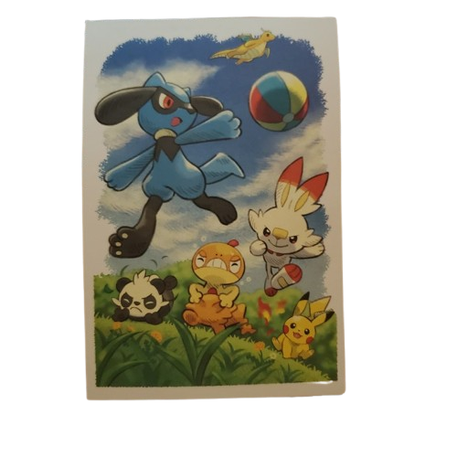 May Postcard featuring Riolu, Scorbunny, Pikachu, Pancham, and Scraggy