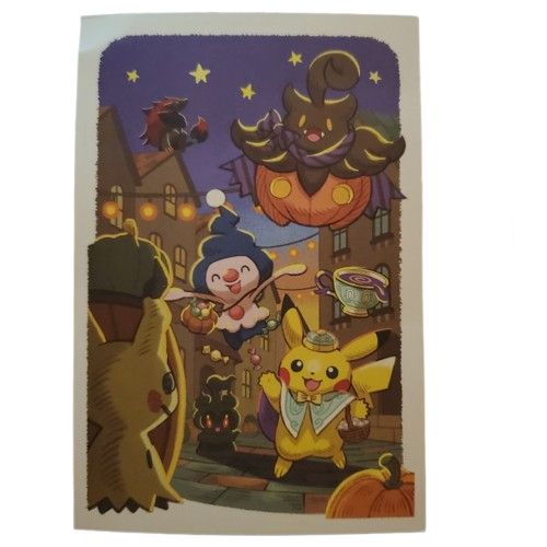 October Postcard featuring Marshadow, Sinistea, Pikachu, Mimikyu, Pumpkaboo, Zoroark, and Mime Jr.