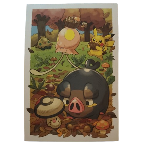 September Postcard featuring Lechonk, Toedscool, Pikachu, Foongus, and Shroomish