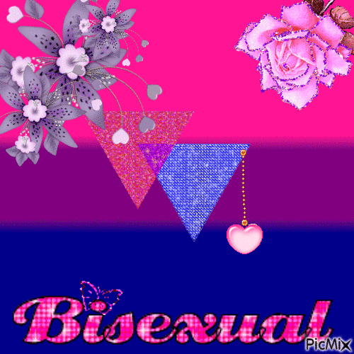 bisexual flag with sparkly pink and blue triangles over top of it. on the top there are sparkly purple and pink flowers