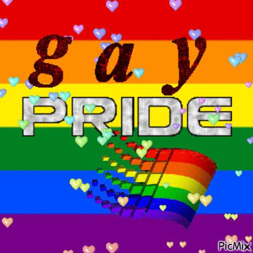 gay flag with gay pride written over top of it, as well as a rainbow version of the windows 98 logo
