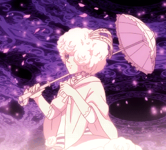 doll in costume on a purple sparkly background holding her parasol