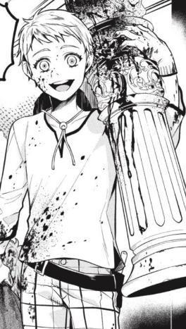 finnian covered in blood, grinning and holding a marble column