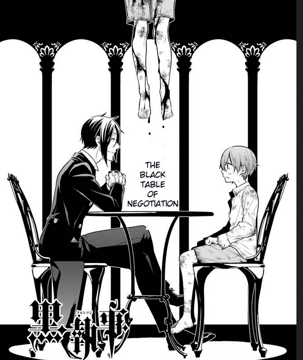 ciel and sebastian at the table of negotiation. bloody legs hang overtop of them.