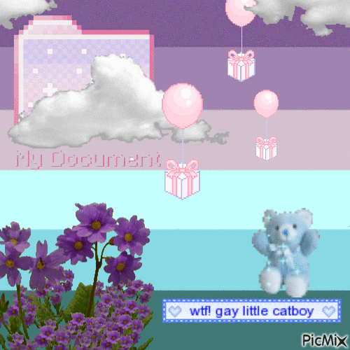 the lavender boy flag (made by cosmichi on tumblr) with purple flowers, a blue teddy bear, and a blue box that says gay little catboy on the bottom. there is a cloud on the top and a large pink folder that says my documents.