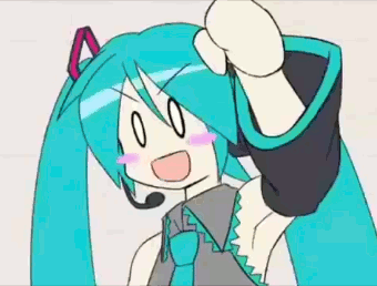 hatsune miku punching her arms in the air as if excited