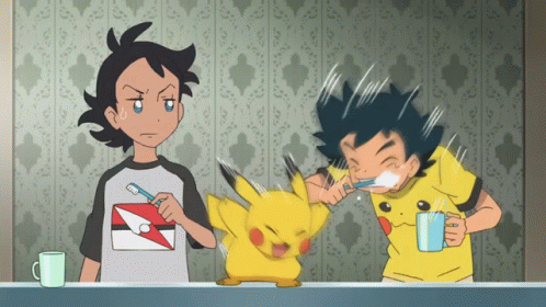 ash and pikachu brushing their teeth
