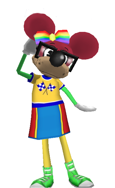 maroon, green, and yellow mouse with a rainbow bow, thick glasses, a race car shirt and a striped skirt