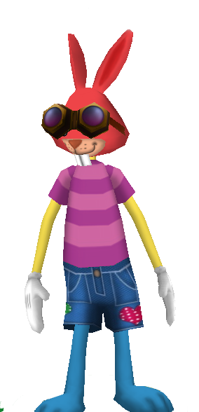 red, yellow, and blue rabbit with brown goggles, a pink striped t shirt and blue shorts