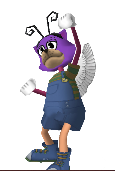 short purple, magenta, and tan cat with blue overalls, antennae and angel wings