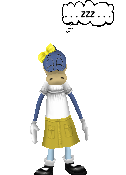 blue crocodile with a yellow bow, white dress shirt and shoes, and a yellow skirt