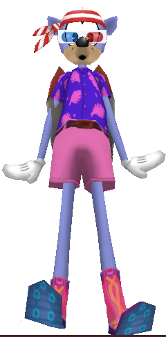 periwinkle deer with a red striped bandana, 3d glasses, pink and purple hawaiian shirt and shorts, and a jetpack