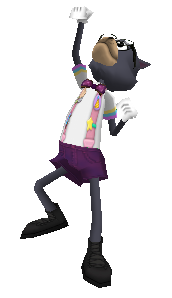 tall black cat with glasses, a white t shirt, dark purple shorts, and black boots.