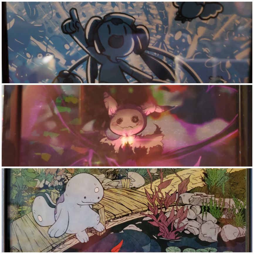 three prints; rosa looking up in an aquarium; mimikyu; quagsire by a pond