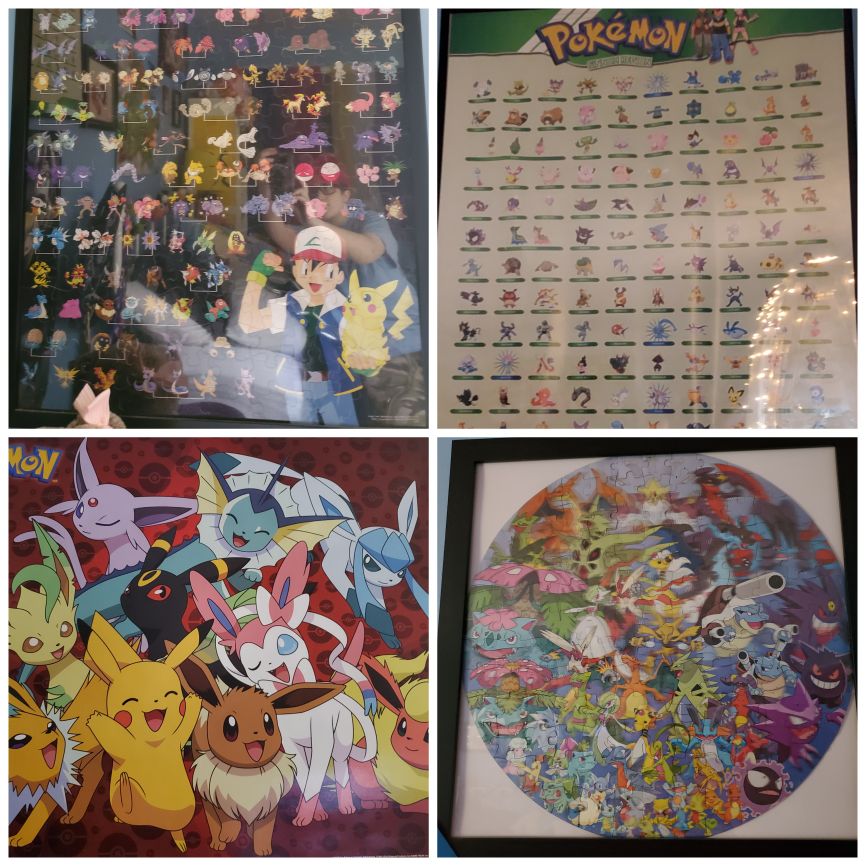 four posters; original 151 puzzle; sinnoh pokedex; eeveelutions; circle of mega evolution pokemon
